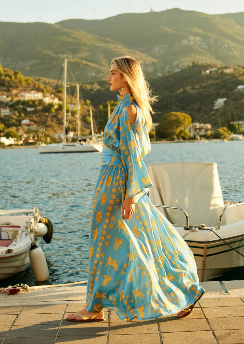 "Kassandra" Printed Long Sleeve Maxi Dress Silk Blend w/ Shoulder Cut-Outs